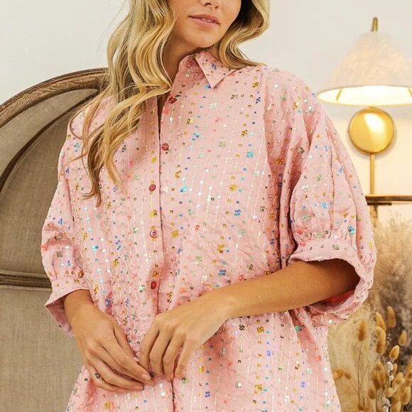 BiBi Sequin Striped Short Dolman Sleeve Blouse - Picture 10 of 14